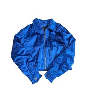 AKIRA 909A Satin Cropped Jacket‎ Royal Blue Y2K Streetwear Bomber Pockets